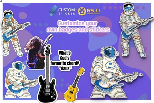 GS-JJ guitar stickers and pins